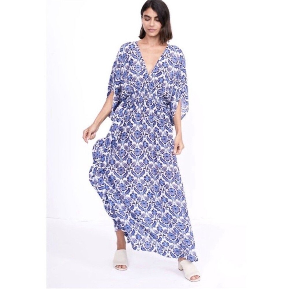 Rujuta Sheth Marie Fairy Cottage Boho Kaftan Maxi Dress M/L Blue Floral Cinch